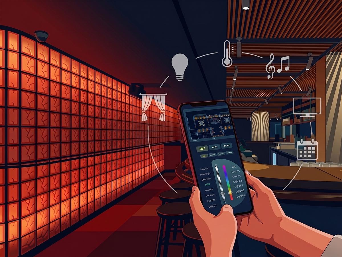 Intelligent Future lighting control software running on a phone, controlling lights, climate and curtains