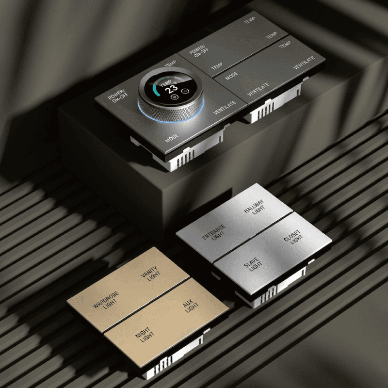 Intelligent Future scene switches in black, gold and silver finishes